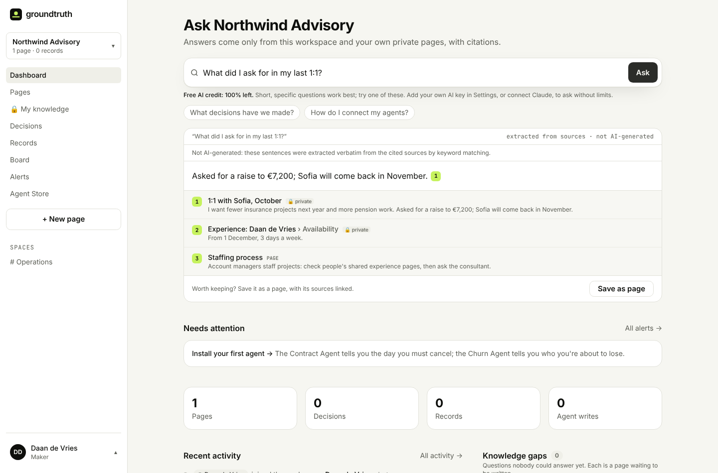 Ask in Groundtruth: a consultant asks what he asked for in his last 1:1, and the answer comes from his own private notes, marked private