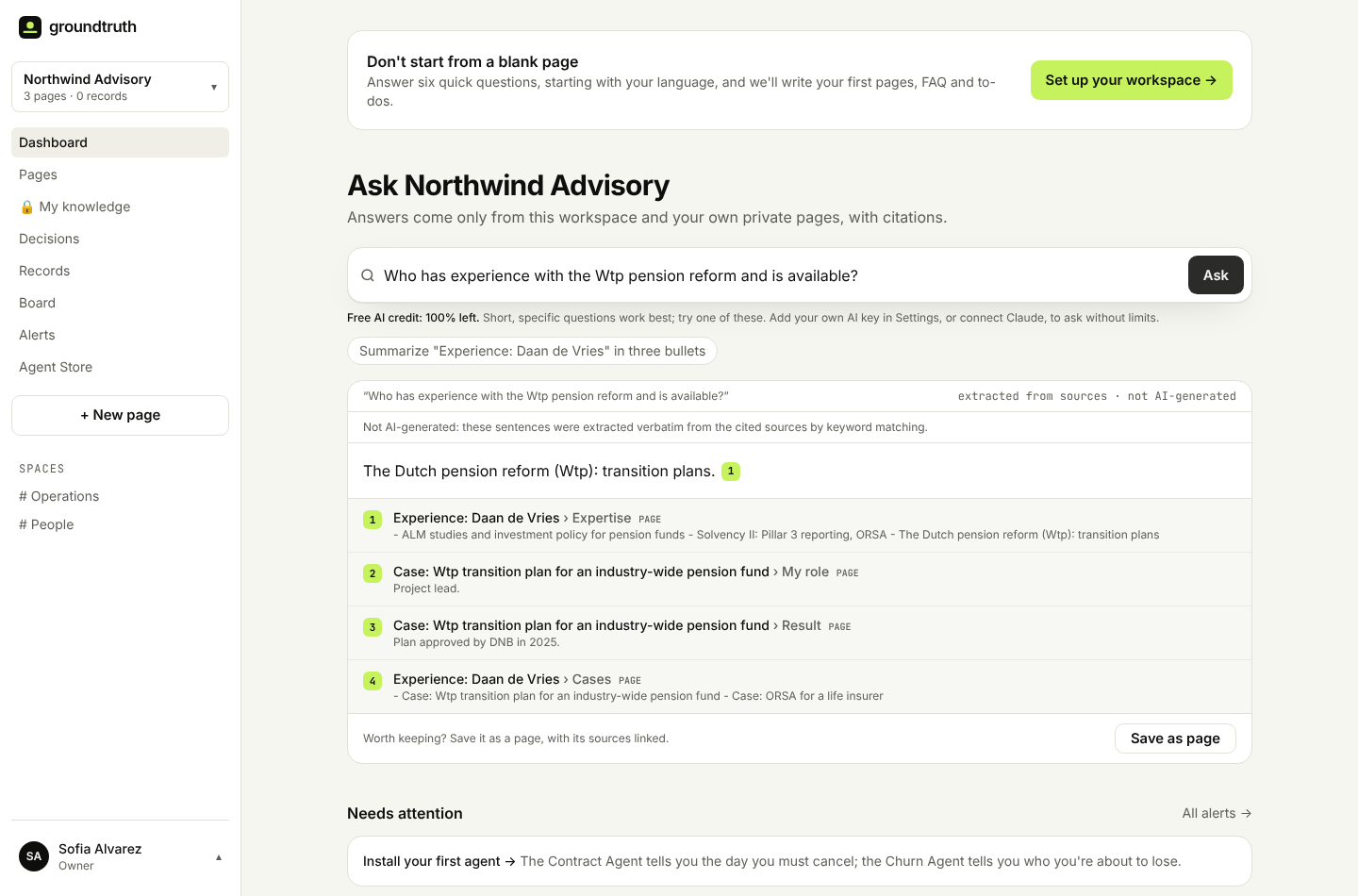 Ask in Groundtruth: an account manager asks who has experience with the Wtp pension reform and is available, and gets a consultant's shared experience page and case