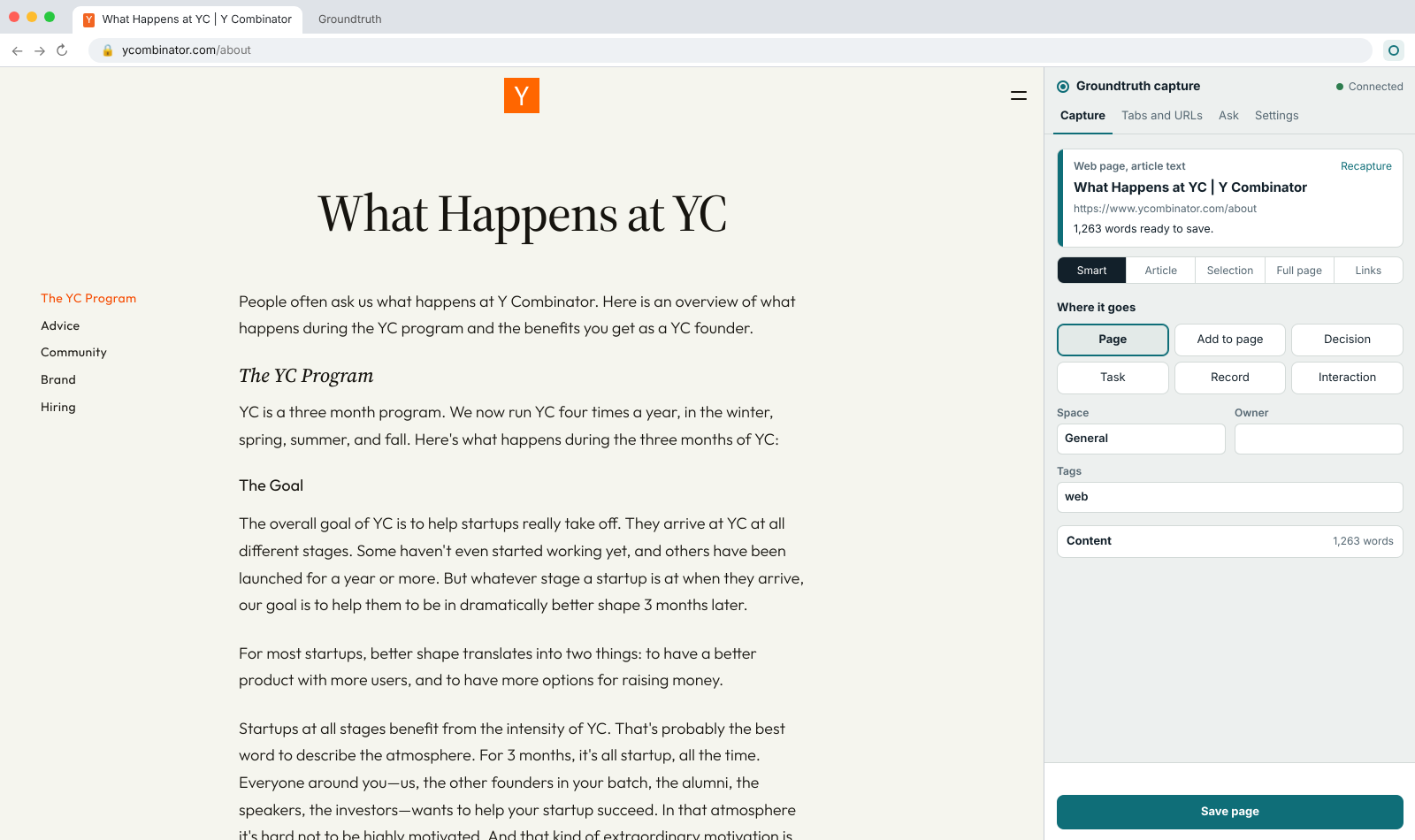 Chrome with Y Combinator's What Happens at YC page open and the Groundtruth Capture side panel next to it, ready to save the page's 1,263 words as a Groundtruth page