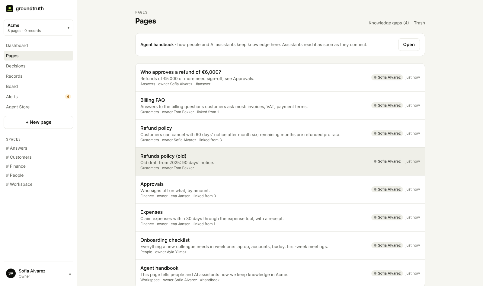 The Pages list in Groundtruth: the agent handbook at the top, then every page with a one-line summary, its space, owner and how many pages link to it