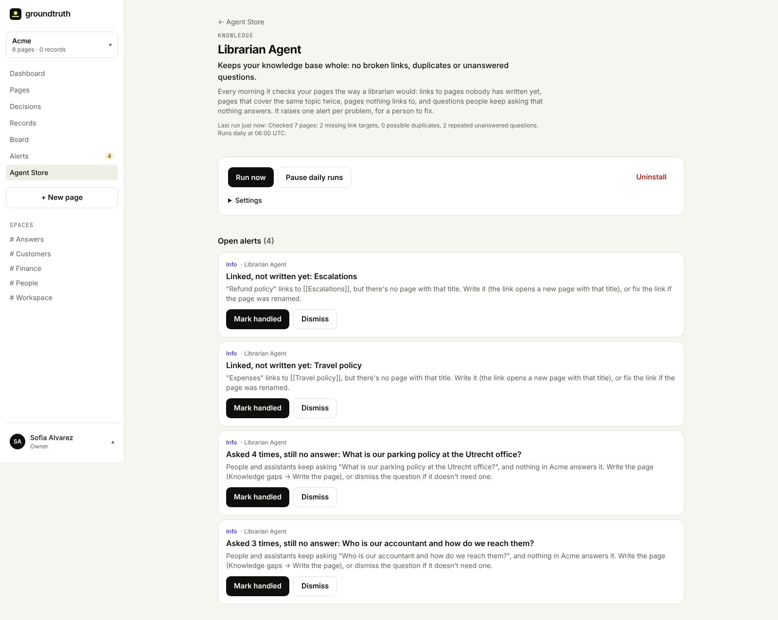 The Librarian Agent in Groundtruth with five open alerts: two links to pages not written yet and two questions asked several times without an answer