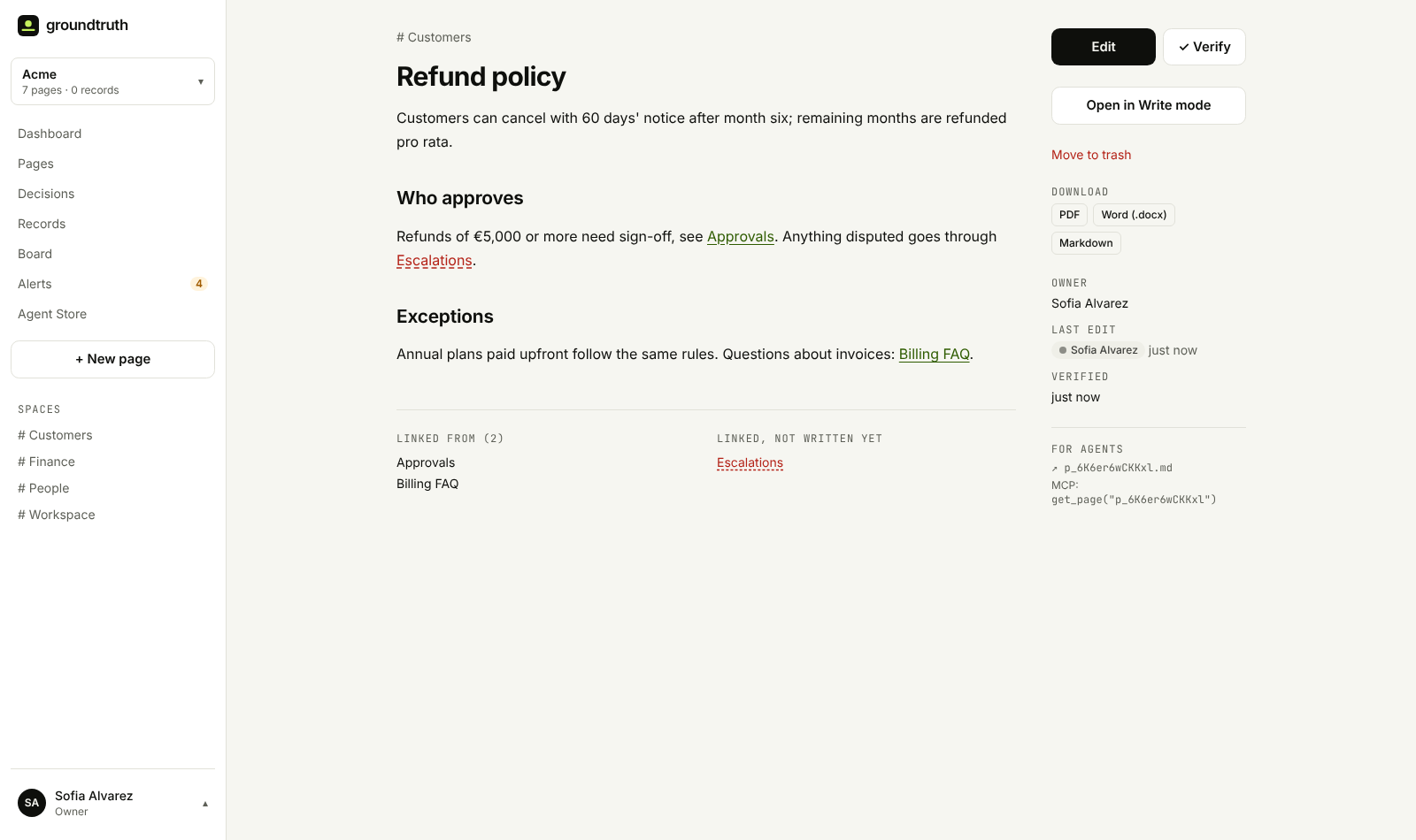 The Refund policy page in Groundtruth: links to Approvals and Billing FAQ, a red link to Escalations, which isn't written yet, and below it Linked from: Approvals, Billing FAQ
