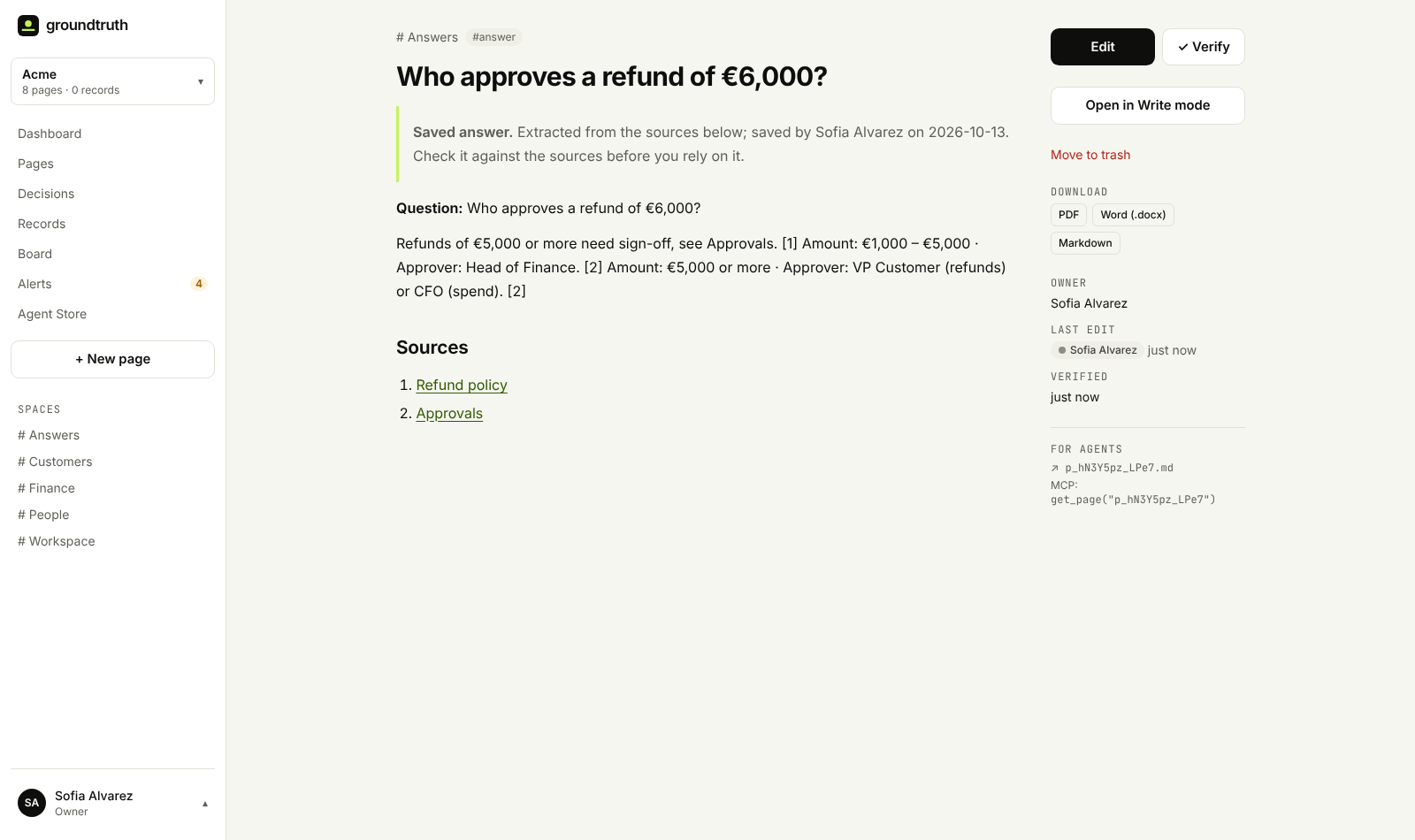A saved answer as a page: the question, the answer, and its sources Refund policy and Approvals as links