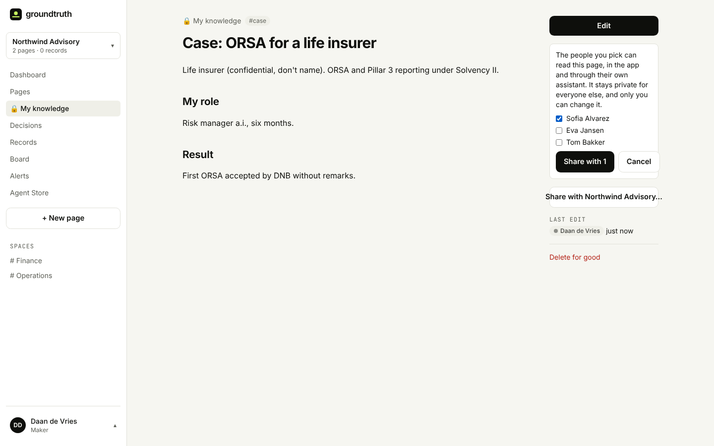 A private case page in Groundtruth with the colleague picker open: Sofia Alvarez ticked, Eva Jansen and Tom Bakker not