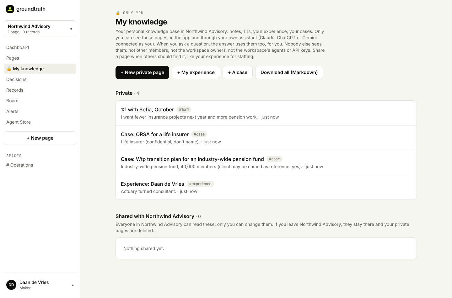 My knowledge in Groundtruth: a consultant's private pages (a 1:1, two cases and an experience page), with sections for pages shared with me and pages shared with the workspace
