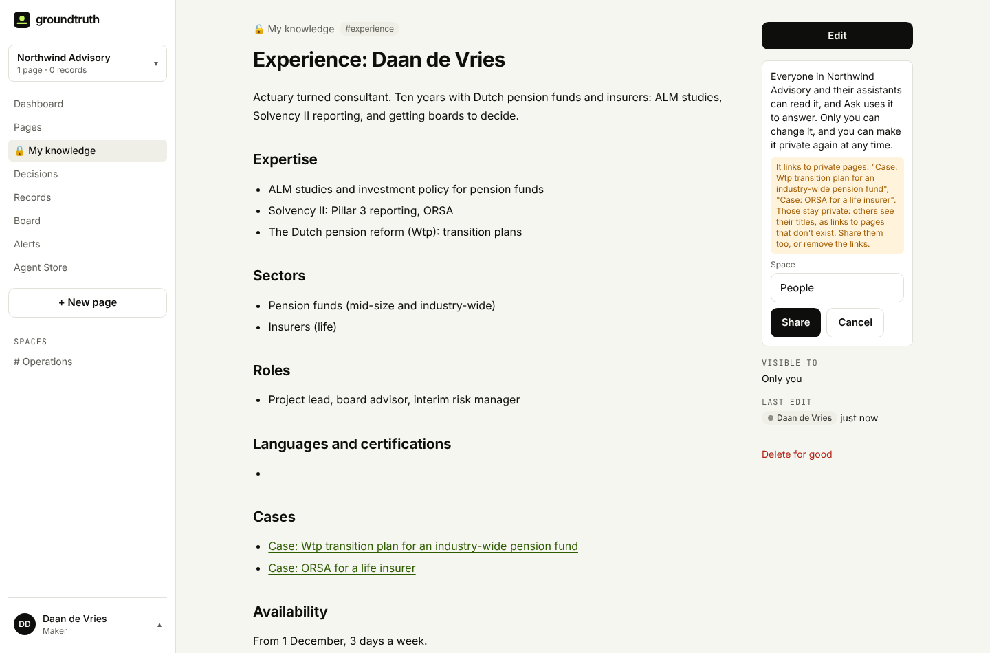 Sharing a private page with the whole workspace: a short explanation, a warning that the page links to two private cases that stay private, and the space it goes to