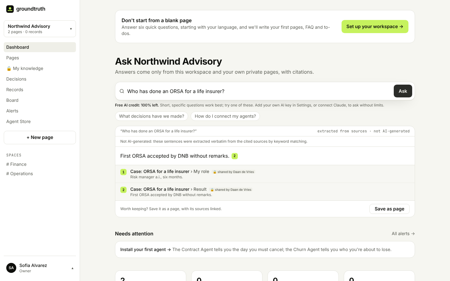 Ask in Groundtruth: an account manager asks who has done an ORSA for a life insurer, and the answer comes from a consultant's private case, marked shared by Daan de Vries