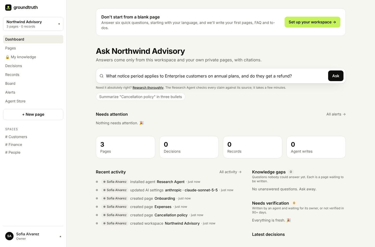 Ask in Groundtruth with a question typed in, and under it: Need it absolutely right? Research thoroughly