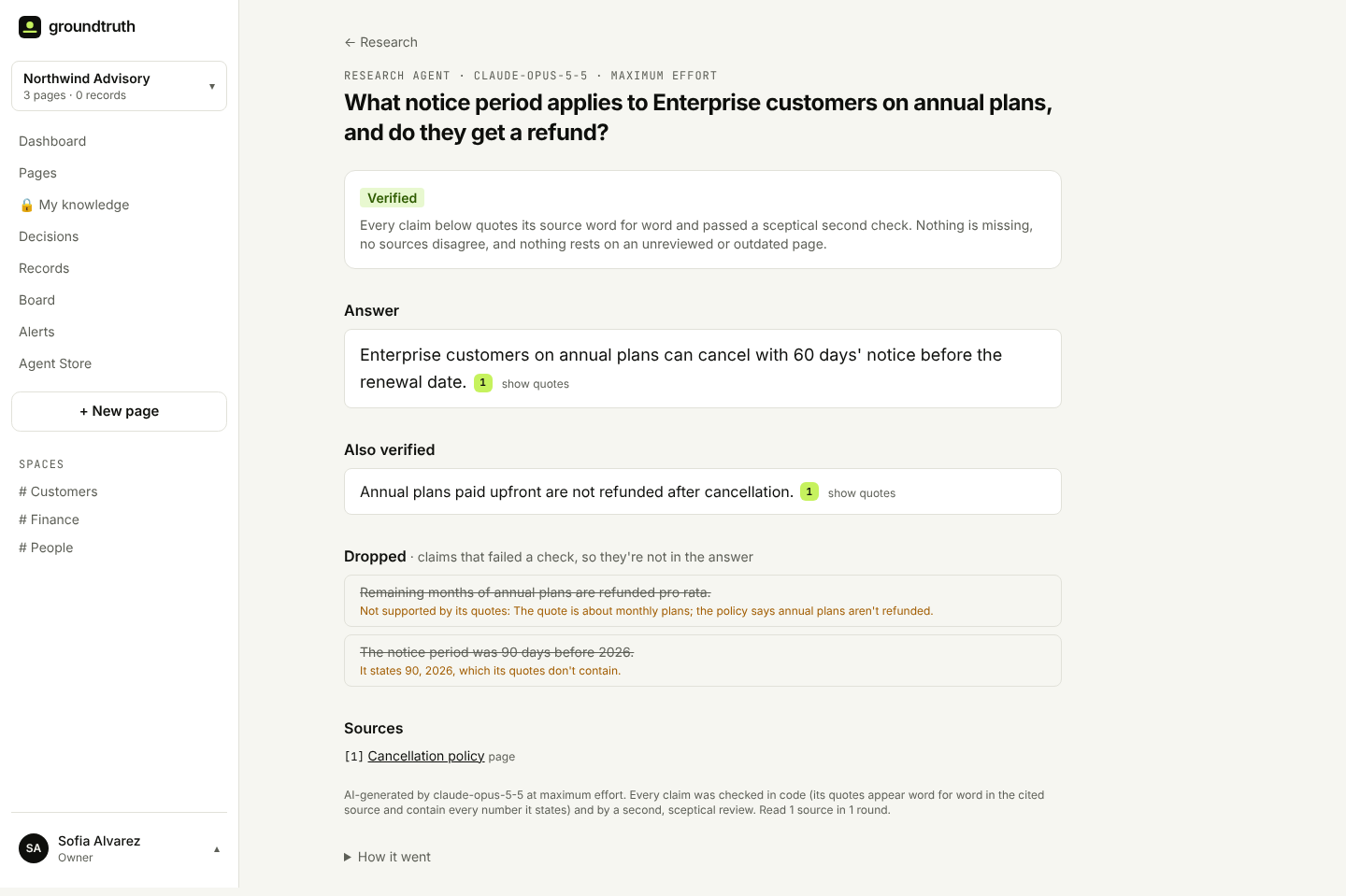 A Research Agent result in Groundtruth: the verdict Verified, the answer with its citation, one more verified claim, and two dropped claims with the reason each failed