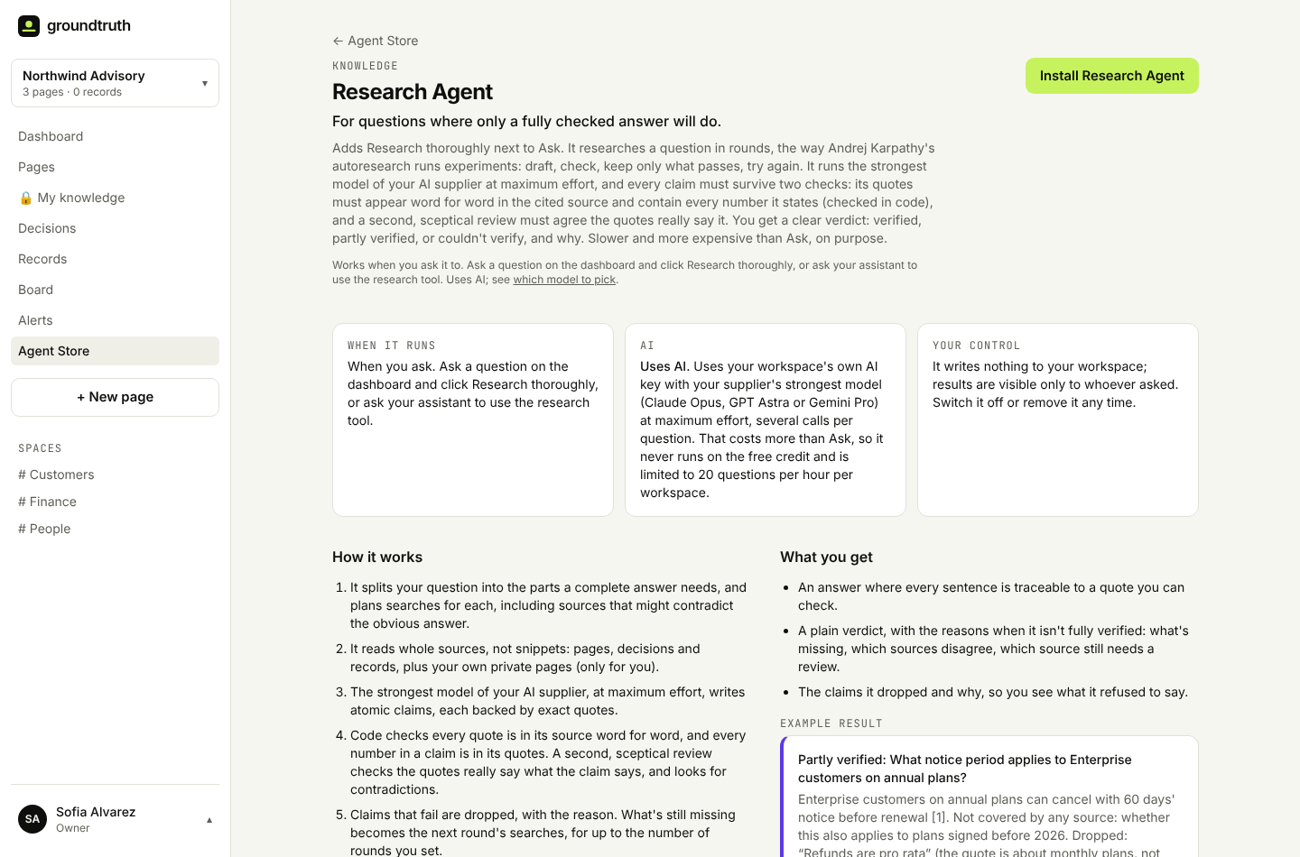 The Research Agent in the Agent Store: what it does, how it works step by step, an example result, what it reads, and its settings for the AI model and the number of research rounds