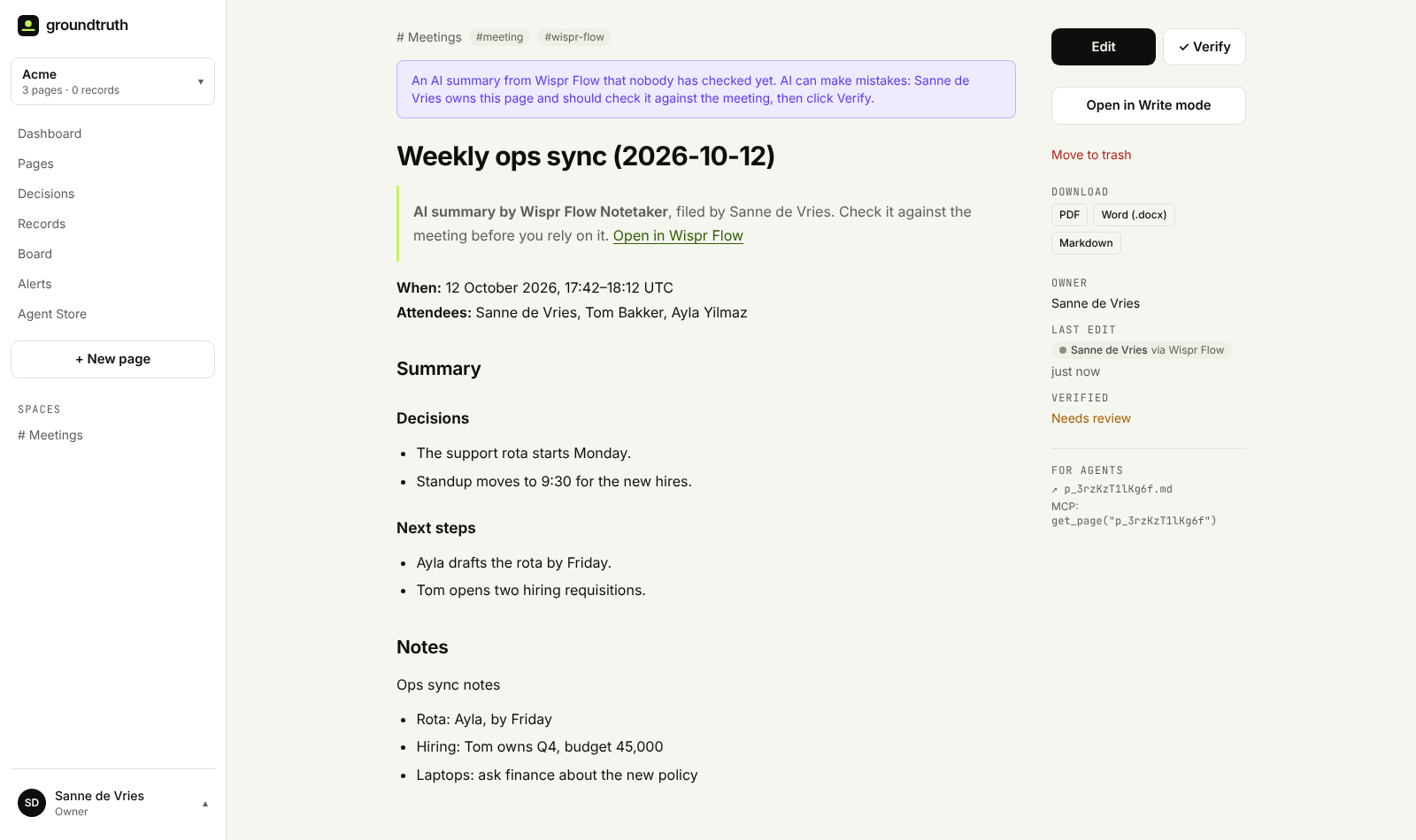 A meeting saved from Wispr Flow as a Groundtruth page: labelled as an AI summary by Wispr Flow Notetaker, with when, attendees, decisions, next steps and notes, marked Needs review