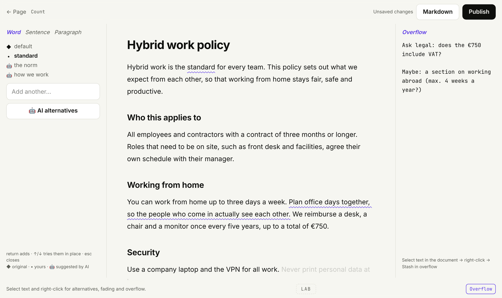 Write mode with the alternatives panel open next to a policy document